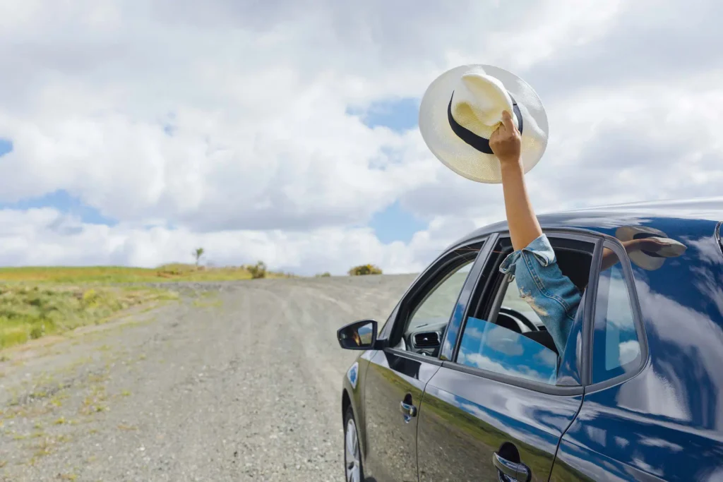 In the picture, we can see the hand of a person holding a straw hat outside the window of a car.