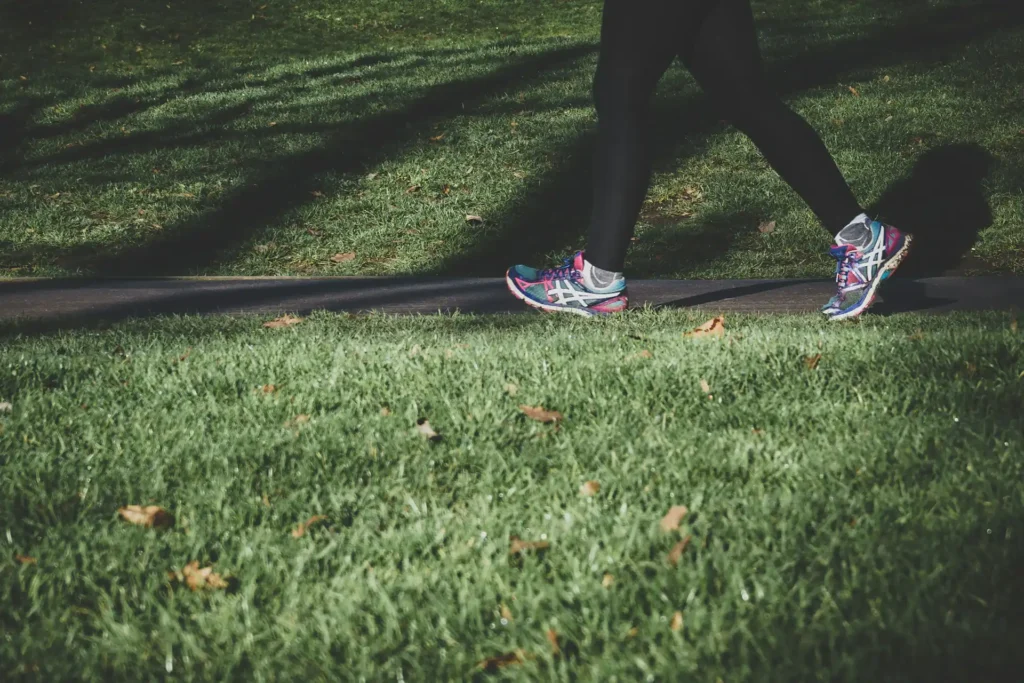 In the picture, a close-up on the legs of a person running at the park.
